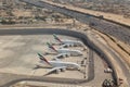 Arial view of three Emirates Airline airplanes parked on Dubai airport Royalty Free Stock Photo