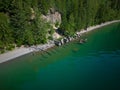 Arial view of the turquoise Lake Pend Orielle with trees on the beach Royalty Free Stock Photo