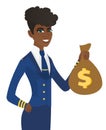 Arican-american stewardess holding a money bag.