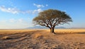 Arid Africa, Sand dunes, acacia tree, tranquil sunset generated by AI Royalty Free Stock Photo