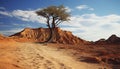 Arid climate, sand dune, tree, sunset, mountain generated by AI