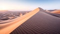 Arid climate, striped sand dunes, majestic sunset generated by AI
