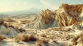 Arid desert with intricate sandstone formations, whirlwinds, high contrast panoramic view Royalty Free Stock Photo