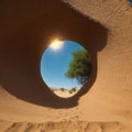 Arid desert landscape desert sand dunes, with native drought-resistant green vegetation in the Middle East - north of