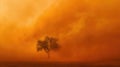 Arid desert landscape enveloped by fierce sandstorm, a lone tree stands resilient amid orange hues