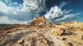 Arid desert with sandstone formations and dust devil whirlwinds in high contrast panoramic view Royalty Free Stock Photo