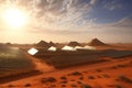 The arid desert terrain is transformed into an oasis of sustainable energy production with a network of photovoltaic panels. Ai