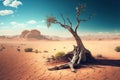 Arid landscape with dead tree on cracked dried soil, drought ecological problem concept. Generative AI illustration