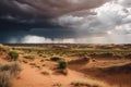 arid landscape with towering dunes and storm clouds on the horizon