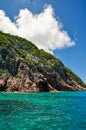 Tropical island coastline in the ocean with blue sky Royalty Free Stock Photo