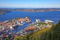 Ariel view of Bergen harbour, a lively harbor lined with colourful, wooden houses, waterfront restaurants & a fish market, Norway. Royalty Free Stock Photo