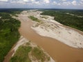 Ariel view of a muddy river in the Peruvian jungle