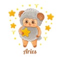 Aries astrology zodiac sign. Cute baby ram or male sheep animal cartoon character with stars. Astrological horoscope vector symbol