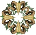 Aries bighorn skull and Wreath entwined with ivy, mosaic pattern