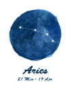 Aries constellation icon of zodiac sign Aries in cosmic stars space. Blue starry night sky inside circle background.