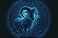 Aries horoscope sign in a circle of patterns on a starry glowing sky.