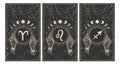 Aries, leo, sagittarius zodiac signs, fire elements, hand drawn horoscope card set on black background. Mystical Vector