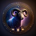 Aries round zodiac animal sign realistic mystical astrology background illustration Generative AI