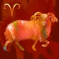 Aries symbol. Ram silhouette on fiery red watercolor texture. Astrology, fortune telling, horoscope, prognosis, Zodiac