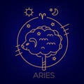 Aries vector sign of the zodiac in circles of golden color on a blue background, logo, tattoo or illustration Royalty Free Stock Photo