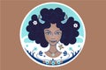 Aries zodiac constellation sign, girl or woman with fluffy African black  hair, flowers, brown background. Fantasy illustration, Royalty Free Stock Photo