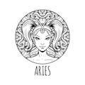 Aries zodiac sign artwork, adult coloring book page, beautiful horoscope symbol girl, vector illustration Royalty Free Stock Photo