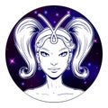 Aries zodiac sign artwork, beautiful girl face, horoscope symbol, star sign, vector illustration Royalty Free Stock Photo