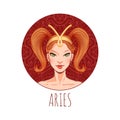 Aries zodiac sign artwork, beautiful girl face, horoscope symbol, star sign, vector illustration Royalty Free Stock Photo