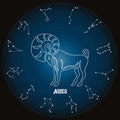 Aries zodiac sign in astrological circle with zodiac constellations, horoscope. Blue and white design Royalty Free Stock Photo