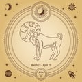 Aries Zodiac sign, astrological horoscope sign. Outline drawing in a decorative circle with mystical astronomical symbols. Royalty Free Stock Photo