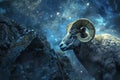 Aries Zodiac Sign, Horoscope Symbol, Magic Astrology Ram, Ram in Fantastic Night Sky Royalty Free Stock Photo