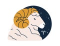 Aries, Zodiac sign icon. Ram in astrology, horoscope, horned animal symbol, star sky. April constellation, esoteric Royalty Free Stock Photo