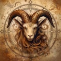 Aries zodiac sign on old paper. Capricorn astrology horoscope calendar, esoteric Sea Goat on magical antique background Royalty Free Stock Photo