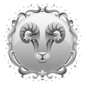 Aries zodiac sign with silver frame. Horoscope symbol.