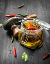 arinated hot chili peppers with seamer. Royalty Free Stock Photo