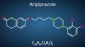 Aripiprazole, neurotransmitter, atypical antipsychotic drug  molecule. Structural chemical formula on the dark blue background Royalty Free Stock Photo