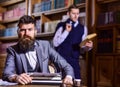 Aristocracy and elite concept. Man with beard and strict fac Royalty Free Stock Photo