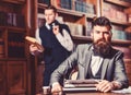 Aristocracy and elite concept. Man with beard and strict fac Royalty Free Stock Photo