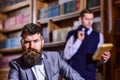 Aristocracy and retro concept. Man with beard and strict face Royalty Free Stock Photo