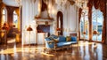 Aristocratic chic living room interior with large windows and nature views, aristocratic rich palace design,