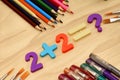 arithmetic example 2 plus 2 equals a question mark on the table around the book pencils fountain pens the concept of Royalty Free Stock Photo