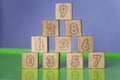 Arithmetic, mathematic, learning concept, numbers background with wooden cubes. Shallow Depth of Field
