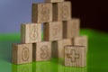 Arithmetic, mathematic, learning concept, numbers background with wooden cubes. Shallow Depth of Field