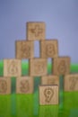 Arithmetic, mathematic, learning concept, numbers background with wooden cubes. Shallow Depth of Field