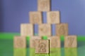 Arithmetic, mathematic, learning concept, numbers background with wooden cubes. Shallow Depth of Field
