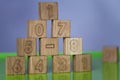 Arithmetic, mathematic, learning concept, numbers background with wooden cubes. Shallow Depth of Field