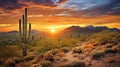 Arizona desert landscape with Saguaro cactus at sunset. Generative AI. Royalty Free Stock Photo