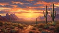 Arizona desert landscape with Saguaro cactus at sunset. Generative AI. Royalty Free Stock Photo