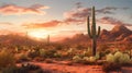 Arizona desert landscape with Saguaro cactus at sunset. Generative AI. Royalty Free Stock Photo