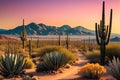 Arizona Desert Scene: Sunset Casting Long Shadows over the Saguaro Cacti, Hues of Orange and Pink Streaking the Sky